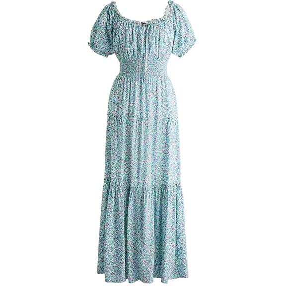 J Crew Puff Sleeve Floral Maxi Dress Tiered Smocked Waist Teal White Pink 2 - Picture 1 of 10